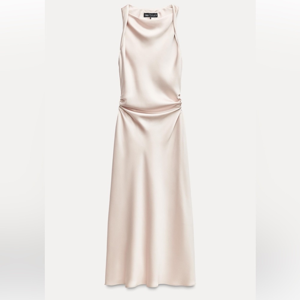 ZARA RUCHED SATIN EFFECT MIDI DRESS